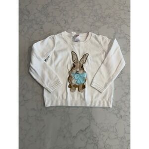 Gymboree Girls 4T White Cotton Knit Bunny Rabbit Applique Sweater Blue Bow